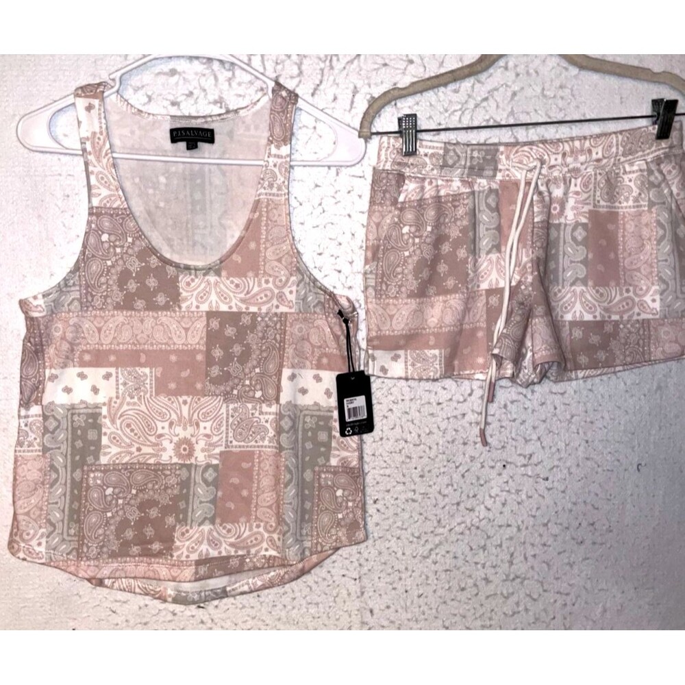 PJ Salvage Fleece Sleeveless top Shorts Pajama SetIvory Paisley Patchwork sz S